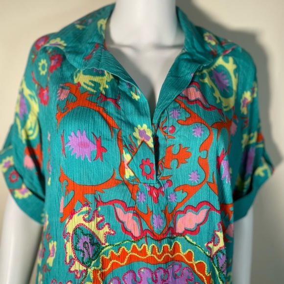 Gold & Silver Paris Dress Sz TU/OS Floral Boho Embroidered Beaded Caftan India - Picture 13 of 16